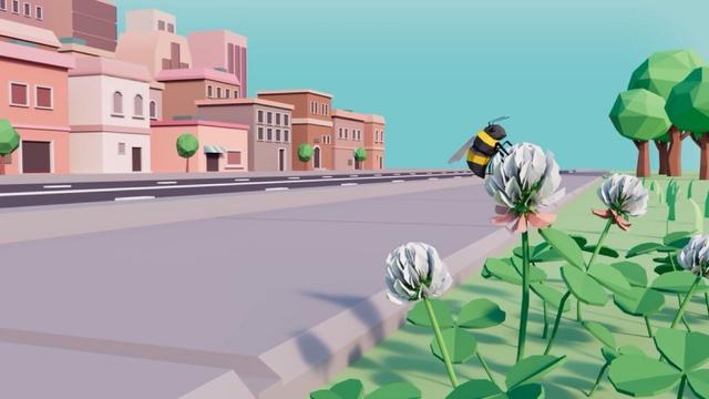 Still from Sherry An’s animation on how clover adapts to urban environments. Still shows a bee sitting on a white clover flower on a city street.