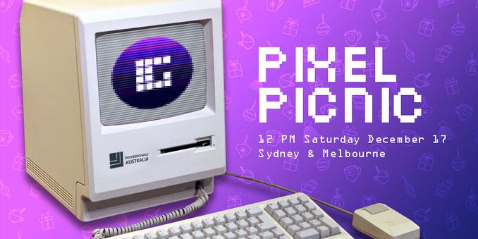 On the left there is an old 90's computer with the purple G logo on the screen, and the PA logo next to the floppy drive.
To the left there is text that says 
"Pixel Picnic: 12pm Saturday December 17, Sydney and Melbourne)