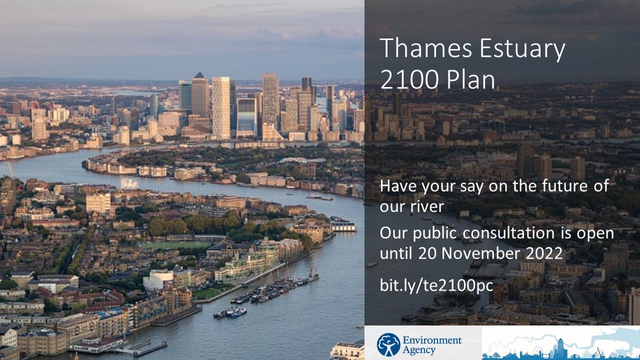 Image: view of River Thames from The Shard, facing Shadwell, Rotherhithe and Canary Wharf.
Text: Thames Estuary 2100 Plan. Have your say on the future of our river. Our public consultation is open until 20 November 2022. bit.ly/te2100pc