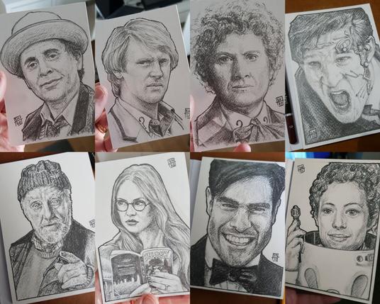 8 post card drawing of Doctor Who characters in pencil. The 5th, 6th, 7th and 11th Doctors. Wilfred Mott, Amy Pond, The Master and River Song.