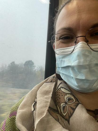 Lea Schulz als Selfie im Zug mit Maske, vermutlich lächelnd und Blick in die Kamera, Landschaft aus dem Fenster heraus