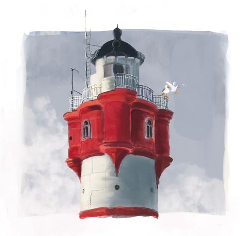 Drawing of the lighthouse "Roter Sand", only the upper part. You can see the bay windows and railings at the top of the tower. I have also painted 3 seagulls, although I do not know if they fly out so far. The lighthouse "Roter Sand" is located offshore in the outer Weser.