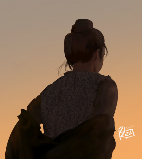 Zoomed in detail of A digital painting study of 'Days of Heaven' - A Woman walks away from the camera towards the sunset.