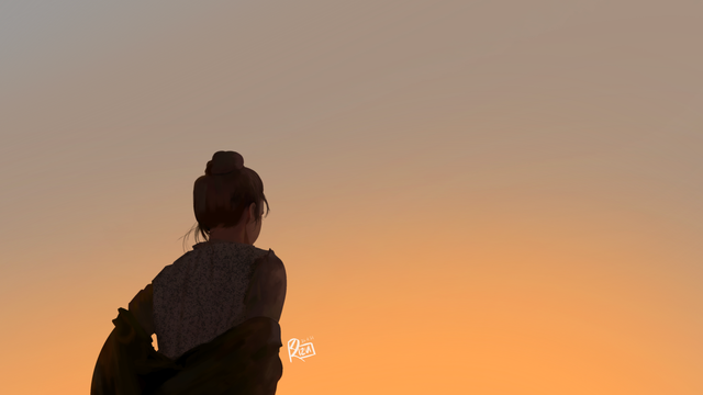 A digital painting study of 'Days of Heaven' - A Woman walks away from the camera towards the sunset.