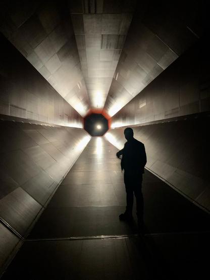 Inside view of the west wing of the old cryo wind channel at DLR Cologne. A long octagonic tunnel wirh approx. 50m length. Diameter: 8.5m by 8.5m with me in front.