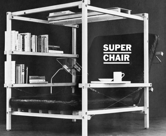 An image of a chair, that is made of modular pieces of wood all connected that can be rearranged into other objects.