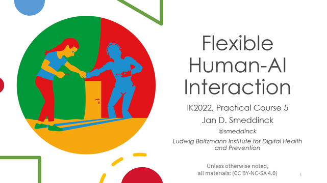 The cover slide for the slide set of a mini lecture series on flexible human-ai interaction. It shows the picture of a colorful modern impression of Alice in Wonderland, casting a shadow on the wall that outlines the silhouette of a robot.