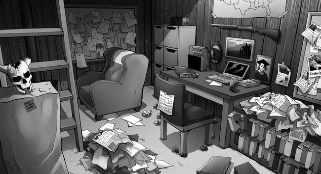 A black & white digital drawing of a cryptid hunter's messy living space with wood walls & carpeted floor.
His low bookshelf is filled with books & a heap of papers pile atop it. Above that shelf is a cork board equally messy with papers that have paragraphs & cryptid photos. A couple binders lay carelessly on the floor. There's a modest desk pushed to the wall & a chair with a butt imprint on it and a note taped to its back.
On the desk are: a laptop, some papers, a beer can, a Bible, a binder, a smaller bookshelf with a book that's titled "Creatures Unknown". On the wall in front his desk hangs a family photo, his daughter's graduation photo, his dog's memorial photo, a shotgun, and a map of the U.S.
His floor is littered with paper balls. 1 feet behind his chair is a huge mound of papers similar to the ones pinned on the corkboard. Beside his desk are 2 filing cabinets. A handheld radio sits atop one.
Further behind the chair and the paper pile is a tall, slightly worn out cardboard box leaning against the wall with a sticky note on it that reads "From E. Green Woods". Atop the box sits a cracked, horned human skull. In front is a ladder that leads to the upper floor nook. 
Behind the ladder, in the space underneath the upper floor nook is a modest armchair & another messy corkboard fixed to the wall. However, this board has string connecting different papers to each other. In front of the armchair is a small cabin furnace, mostly obscured by the ladder.