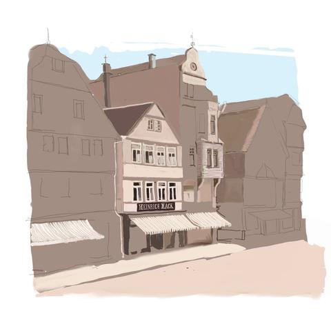 Sketch of a row of half-timbered houses in Friedberg / Hesse. The colors are beige, brown and gray-brown. The drawing is incomplete

Skizze einer Fachwerkhäuser-Zeile in Friedberg  / Hessen. Die Farben sind beige, braun und graubraun. Die Zeichnung ist unvollständig