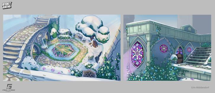 Snow and ivy covered stone garden concept art
