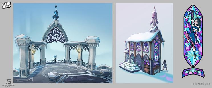 Snow covered arches and chapel concept art