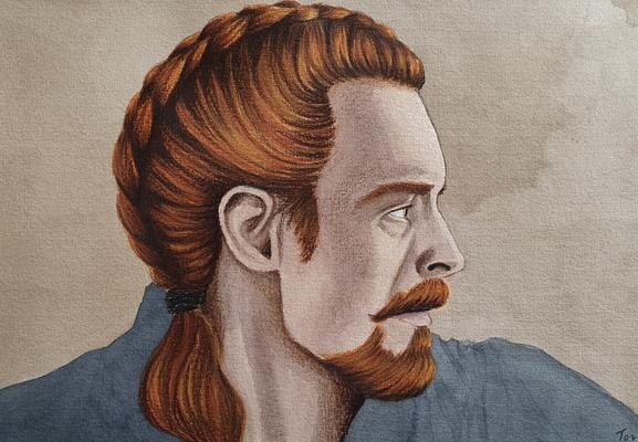 A drawing of a portrait in profile view of a red-headed man in a French braid.