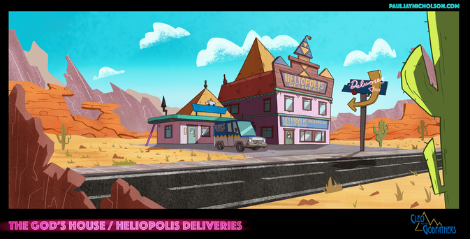 An illustration of a building in a desert - somewhere in the Sonoran desert in the South West of the United States. It is daytime. The building is brightly coloured in hues of pink, orange and purple and has two yellow pyramids on the roof and large neon sign with an arrow pointing toward the building with the words 'deliveries'. In the foreground is a large cactus plant and an outcrop of rock. A van is parked out the front of the building on a small run up and a road runs from left to right in front of the building. the text beneath the image reads 'The God's House/Heliopois Deliveries'