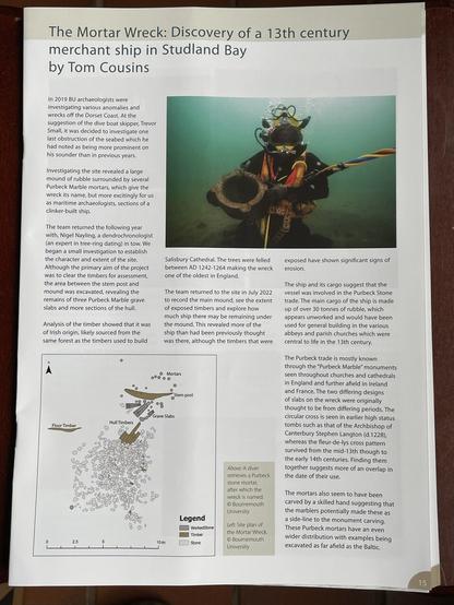 Opening page of article showing site plan of the #wreck and photo of #diver with retrieved mortar.