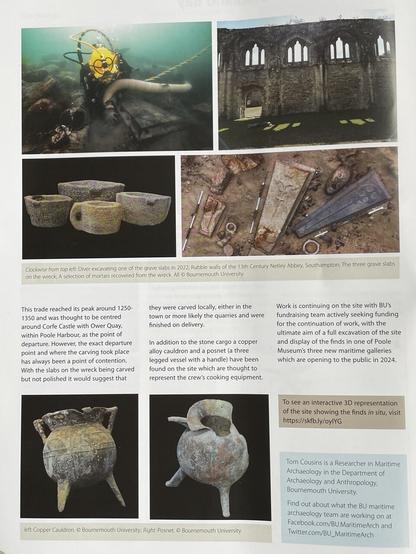 Second page of article, with photos of three #GraveSlabs on the wreck, a selection of mortars and #diver at work.