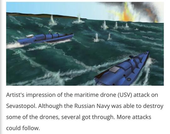 Artist's impression of the maritime drone (USV) attack on Sevastopol. Low remote controlled boats crossing choppy waters as they’re fired upon.