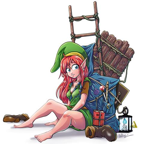 Red haired female version of Link from Legend of Zelda sitting down, resting. She's taken her boots off.
She's got an enormous backsack full of equipment from the first Zelda game, including a ladder, a raft, a lantern and a magic wand.