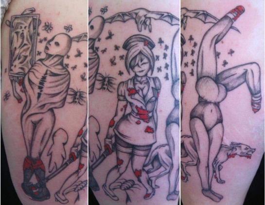 A three point view of my left upper arm. Monsters from Silent Hill 1 and 2 in a group with a Bubblehead Nurse in the center, a Lying Figure on the left, and a Mannequin on the right. In the background are moths and more monsters.