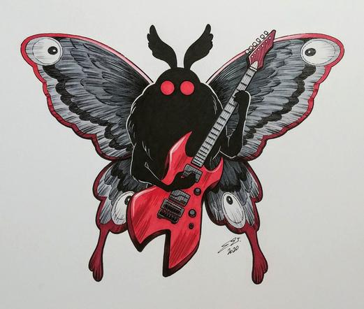 A red and black illustration of Mothman looking at the viewer and holding a red B.C. Rich guitar.