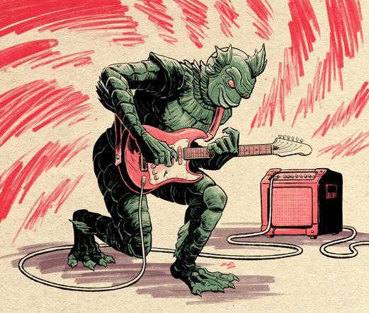 The Gillman (aka The Creature From The Black Lagoon) playing a red Stratocaster guitar, as red dry brush lines radiate outwards.