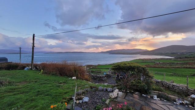Sunrise with orange and grey clouds over the bay. Zoomed out to look at the whole bay and part of my garden. Some red and orange blossoms in the front, lawn, the brown fuchsia hedge without leaves, the bay with some of Kerry's mountains in the distance