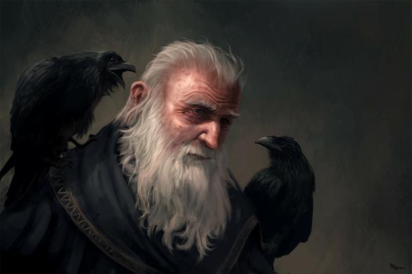 A portrait of Odin, with the ravens Huginn and Muninn sitting on each shoulder.