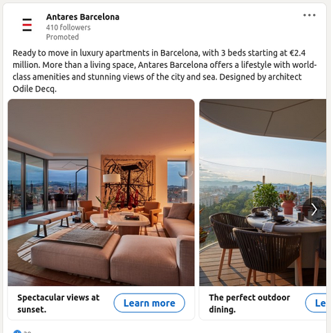 Screenshot of Linkedin advertising for luxury apartments in Barcelona