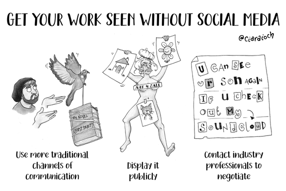A cartoon that is titled "Get your work seen without social media." From keft to right - 1. A man in a beanie releasing a pigeon tied to a very heavy book titled "my novel (first draft)", captioned "Use more traditional methods of communication. 2. A naked woman covered strategically with paintings, with a sign on her neck that reads "art for sale", with the caption "Display it publicly". 3.  A ransom note that says "U  can see ur son again if u check out my soundcloud", with the caption "contacy industry professionals to negotiate