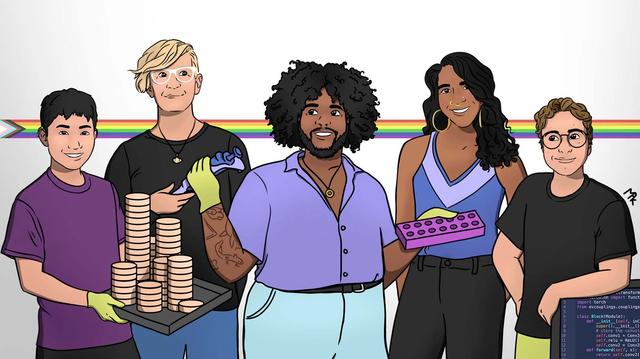 Illustration of five scientists for #LGBTQSTEMDay
