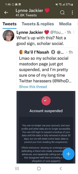 Screenshot of post on Twitter by Ra'il l'Nasah of Mastodon account suspended screen. Post describing their former harrassment on Twitter and surmising the same people orchestrated this on Mastodon @scholar.social.