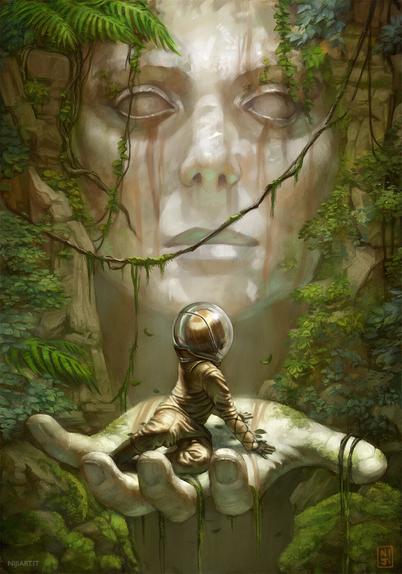 Digital illustration of an astronaut on the hand of a gigantic statue covered with vegetation