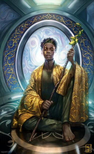 Personal interpretation of the arcana minor Page of Wands, as a young man in a sci-fi environment with a window that shows a planet