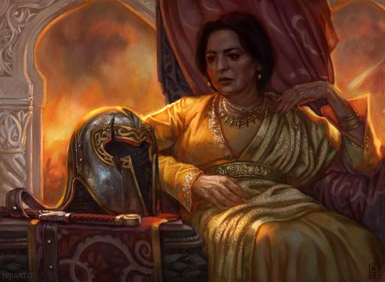 Digital illustration of a richly dressed lady with an old scar on her face looking at an old broken helmet