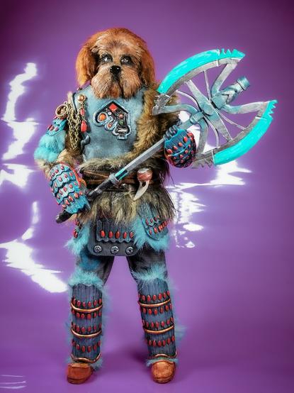 A photo of a customised doll. Representing the character of Karvanista from Doctor Who. He is a humanoid dog. He wears armour and furs. Front view.
