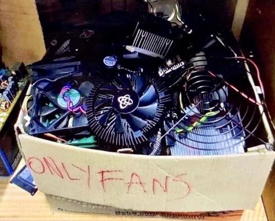box with the label “only fans” with a lot of PC & CPU FANS inside