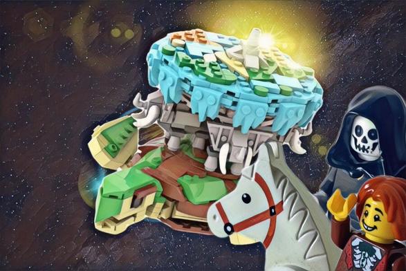 Death and Mort riding binky high above the discworld... in lego