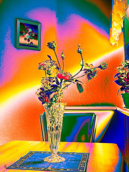 still life photography of a vase wirh arrificial flowers on a table, a picture of flowers on rhe wall in the background. The colours are extremely « alienated », rainbow-like stripes, the ensemble represents my idea of « kitsch »