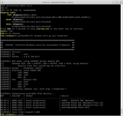Screenshot of chipsec's "./scripts/qemu_efi.py -u pci enumerate"