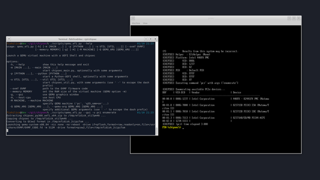 Screenshot of chipsec's "./scripts/qemu_efi.py --gui -u pci enumerate"