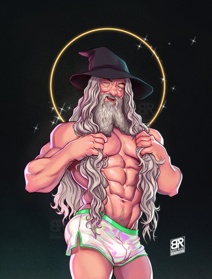 digital art. Drawing of Ian McKellen's portrayal of Gandalf but on a muscular body, surrounded by sparkles. He's pulling his long hair and beard apart to reveal his glistening muscular body.