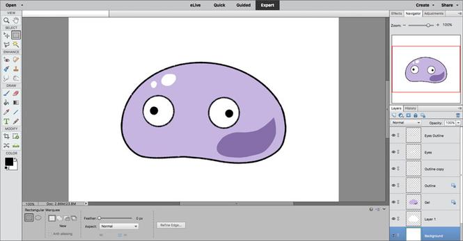 Screenshot: Simple illustration of a purple slime-type monster WIP in Photoshop Elements.