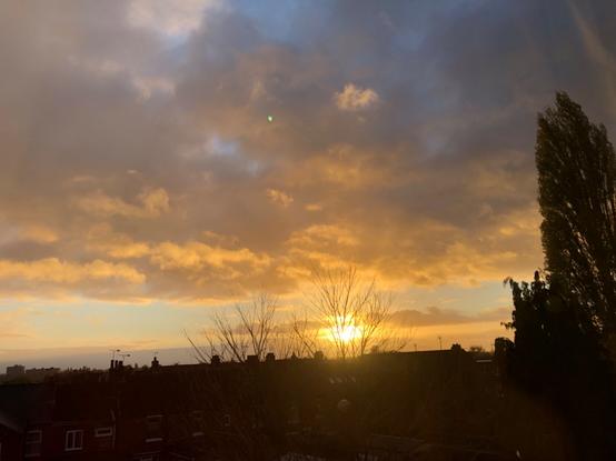 White and yellow Sunrise over silhouetted houses