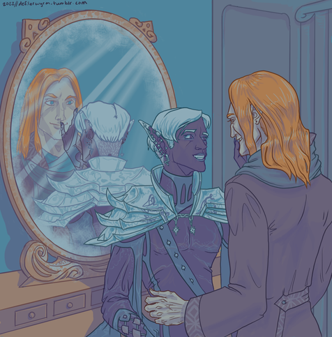 A digital illustration showing Essek Thelyss and Caleb Widogast of Critical Role in front of a vanity with a large, ornate mirror. Essek faces towards the viewer, leaning back against the vanity & beaming up at a smiling Caleb with a hand gently touching Caleb’s face. Essek wears his mantle, fancy robs, and many earrings. Caleb is in a long coat and blue scarf. Their reflection doesn’t match: Caleb’s reflection is looking up with an ominous, closed-mouthed smile instead. Frost rimes the mirror. The image is painted entirely in desaturated blue, purple, orange, and blue-grey.