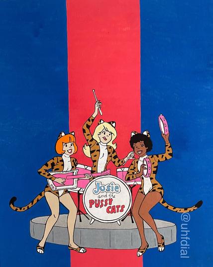 Archie comic book character trio band Josie and the Pussycats are shown performing in front of a background of three even-thickness vertical stripes - two blue on either side of a red stripe.