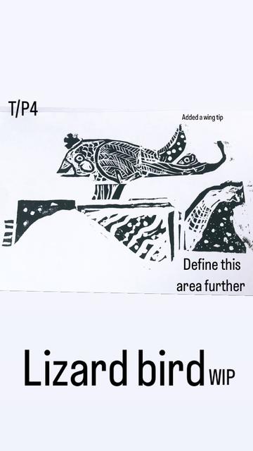 Black and white relief print of a bird with a crown standing on a decorative fragmented wall.