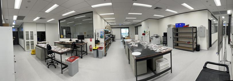 A panorama of a well-lit laboratory space with large tables covered in samples. Shelves and other furniture are visible as well as windows and doors leading to other parts of the laboratory.