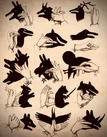 A diagram showing how to make shadow puppets, but where the shadows have gone a bit awry