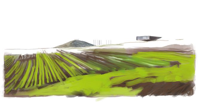 The Glauberg in winter 2022
View of the burial mound of the Celtic prince. There are 3 people standing on the mound, long poles drawn as thin lines next to them. On the right, the museum building rises into the landscape like a free-floating quarder.
In the foreground of the picture a ploughed field. The colour scale from front to back: green - brown and green - white - grey-green - dark grey - white. Artwork made by me in January 2022
