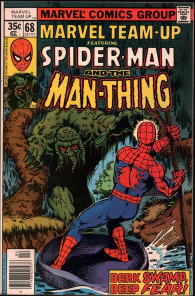 Marvel Team-Up featuring Spider-Man and the Man-Thing. Poling a boat in the swamp Spider-Man is surprised to encounter the Man-Thing on the bank close by. A blurb reads Dark Swamp Deep Fear.