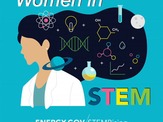 illustration of a female scientist with the words: women in STEM